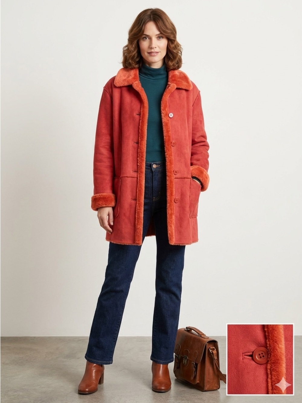 Women's Rust Faux-Shearling Teddy Coat